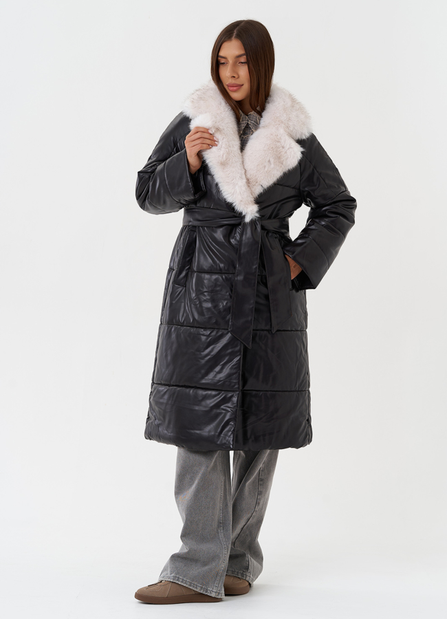 фото Пуховик из эко кожи с английским воротником модель № 23364