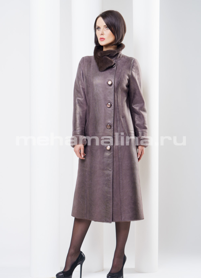 Дубленка удлиненная с норковой стойкой модель № D-124 меха малина