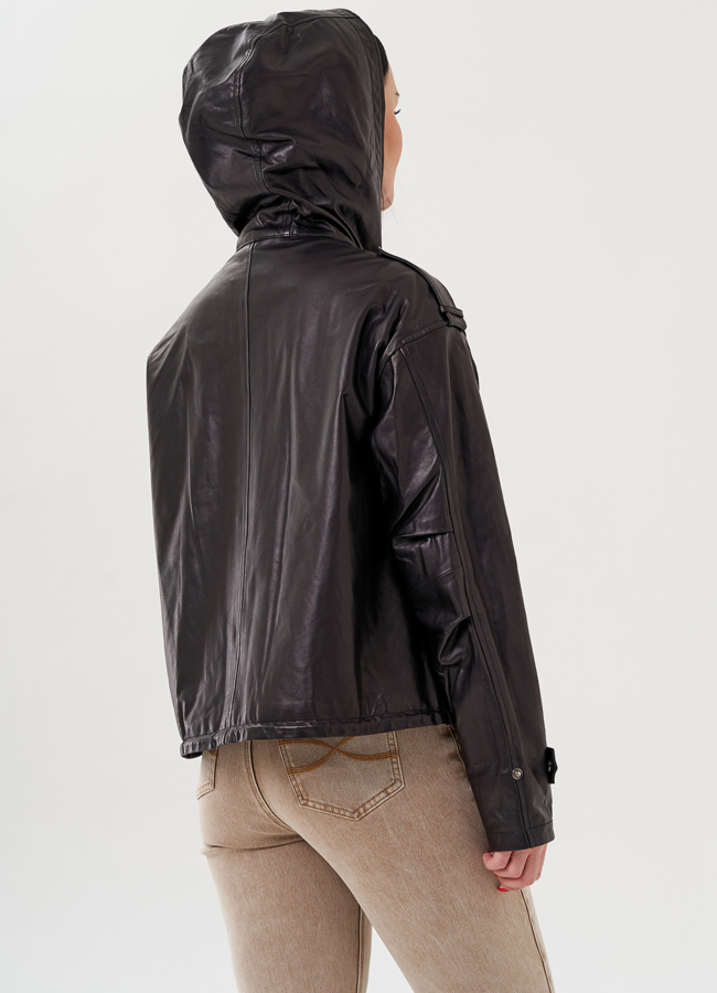 Кожаная куртка с капюшоном модель № 24361 универмаг малина