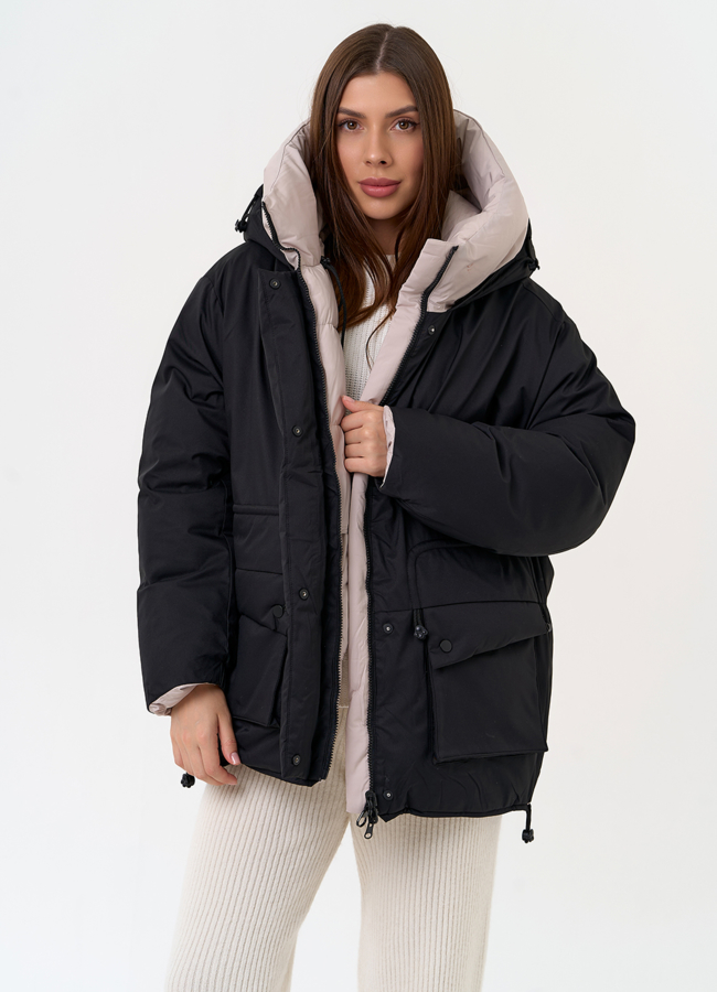 Двухсторонний женский пуховик с капюшоном модель № 31596 меха малина Двухсторонний женский пуховик с капюшоном модель № 31596 меха малина