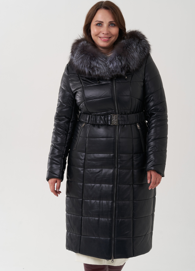 Пуховик из искусственной кожи с отделкой из натурального меха модель № 976 универмаг малина