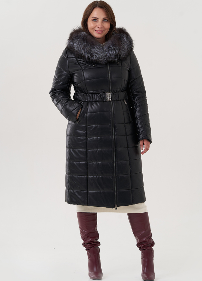 фото Пуховик из искусственной кожи с отделкой из натурального меха модель № 976