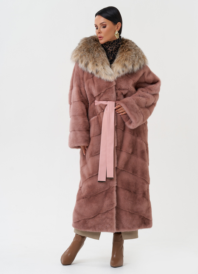 Норковая шуба с капюшоном из меха рыси модель № 28127 меха малина