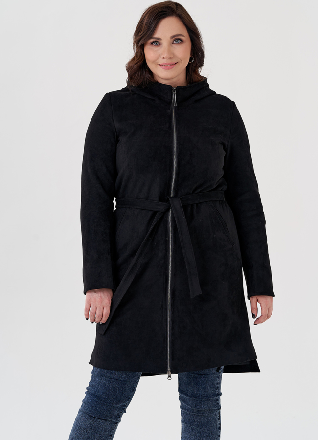 Полупальто из эко замши на утеплителе с капюшоном модель № 80236 меха малина Полупальто из эко замши на утеплителе с капюшоном модель № 80236 меха малина