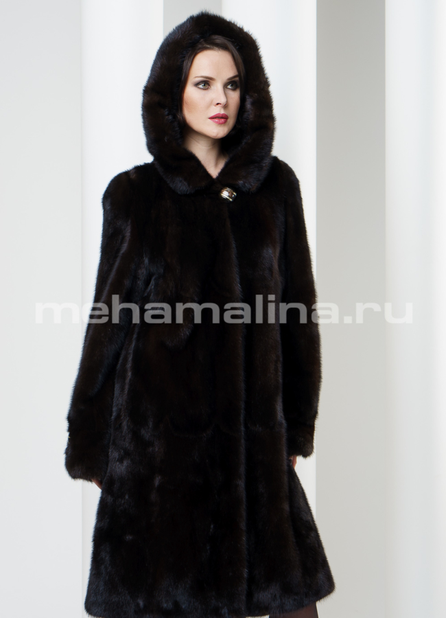 Шуба норка с капюшоном, цвет махагон. Длина 110см модель № S-173 меха малина