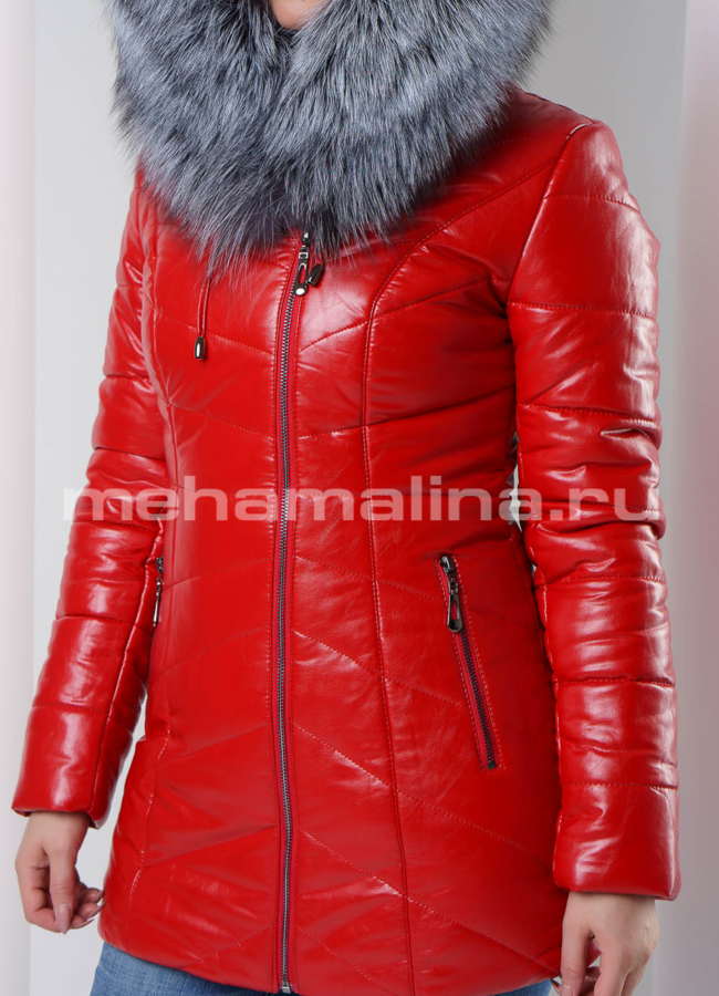 Пуховик из экокожи с чернобуркой  модель № 1629 универмаг малина
