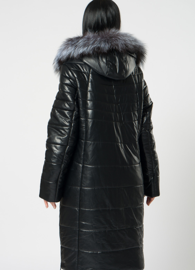 Пуховик из эко кожи черного цвета  модель № 22007 в рассрочку