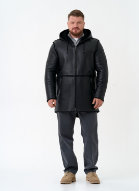 Мужская натуральная дубленка с капюшоном