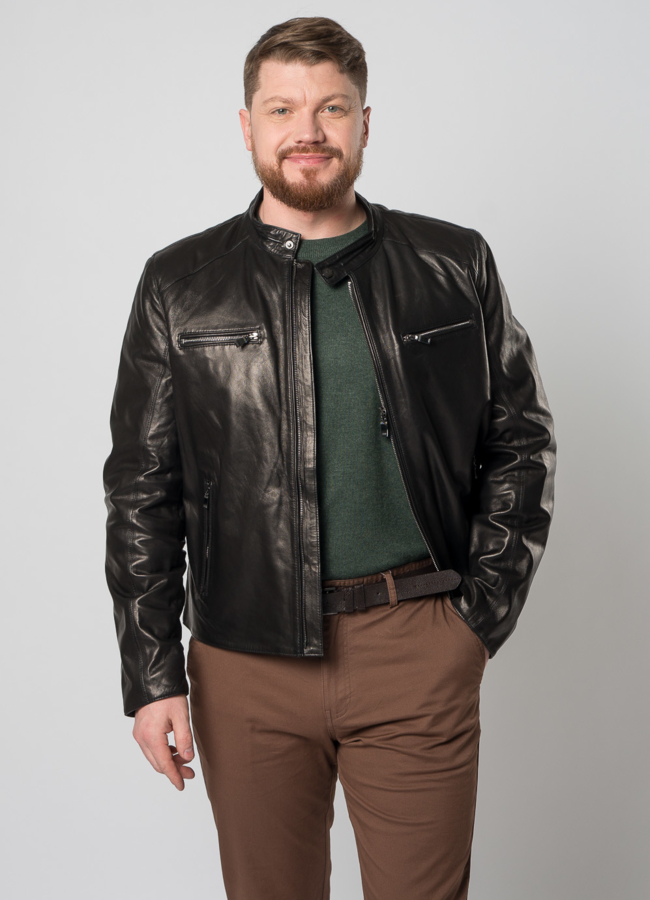 Мужская кожаная куртка на молнии модель № 5065 меха малина