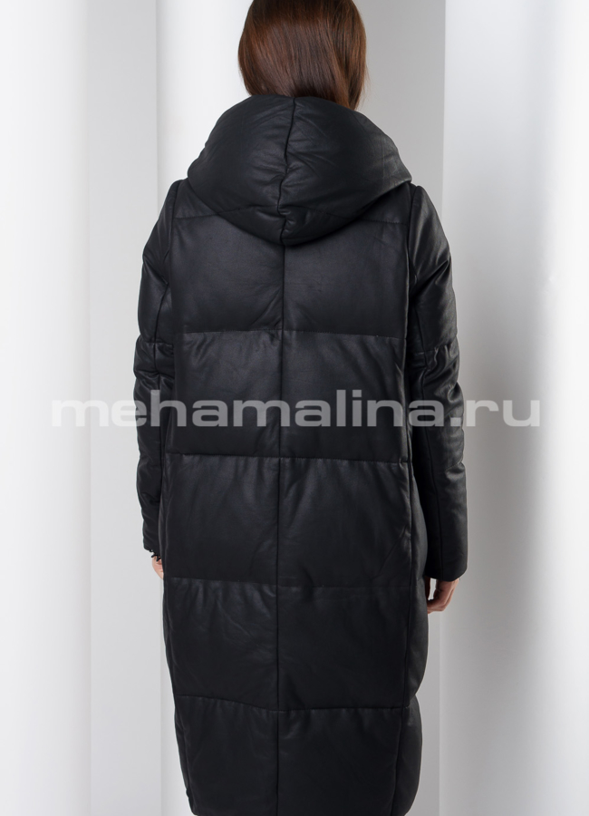 Кожаное пальто с капюшоном модель № K-387 в кредит