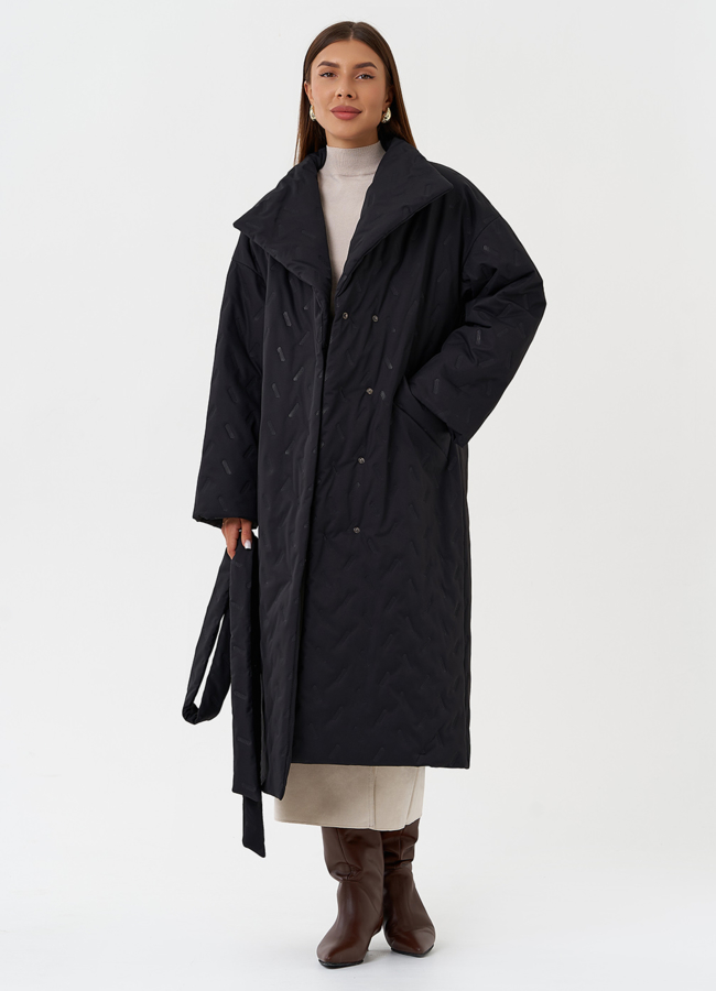 Женское стеганое пальто с поясом модель № 28460 универмаг малина