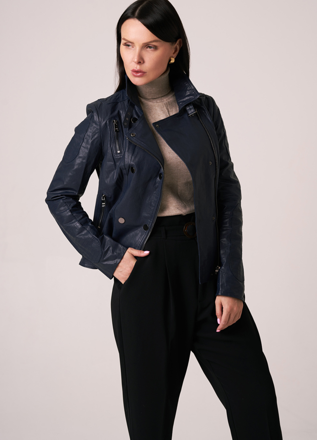 Куртка из натуральной кожи синего цвета модель № 5244-1 меха малина