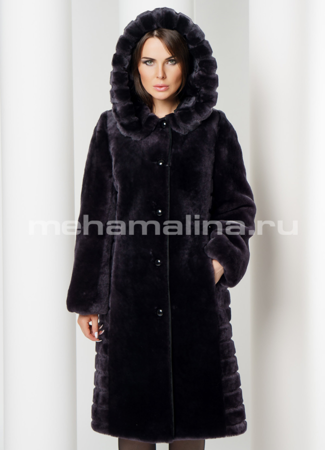 Шуба с капюшоном модель № S-606 меха малина