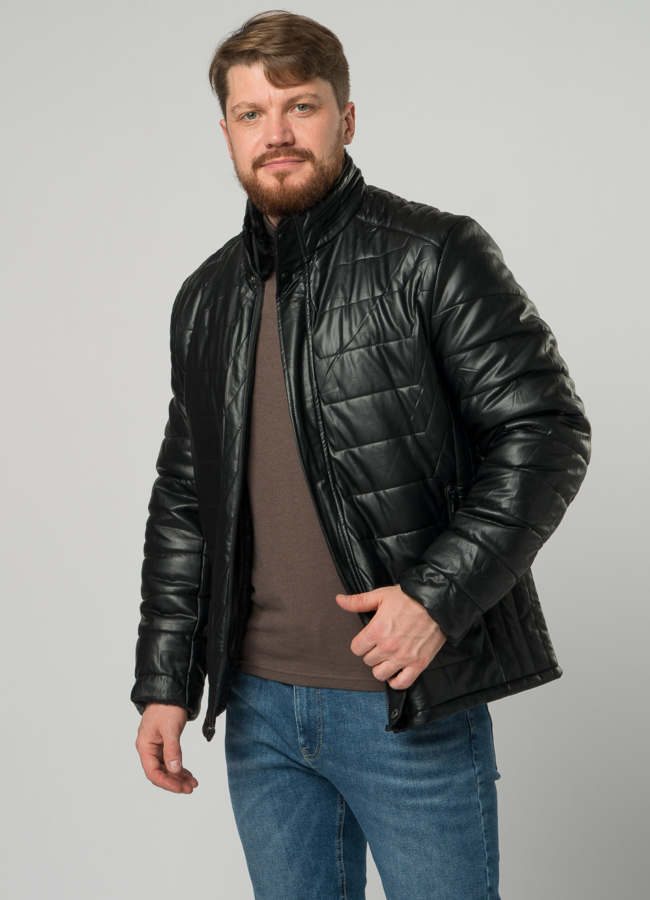 Мужской пуховик из эко кожи черного цвета модель № 21942 универмаг малина