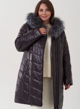 Пуховик из эко кожи с капюшоном на молнии