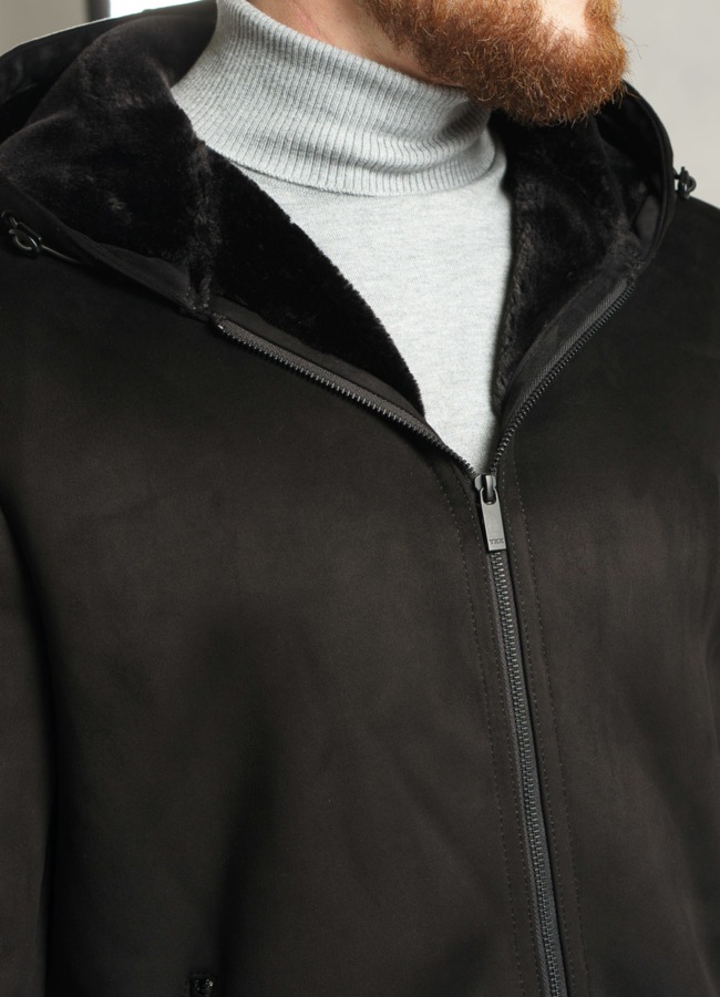 Эко дубленка на молнии с капюшоном модель № 850 универмаг малина