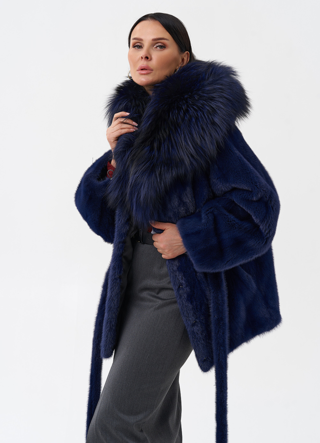 Синяя норковая шуба с капюшоном модель № 28098 универмаг малина