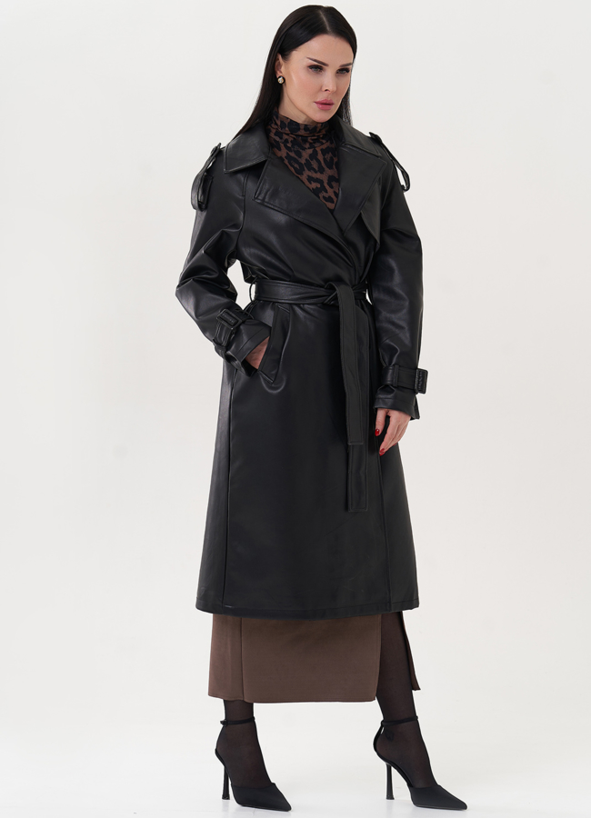 Плащ из эко кожи черного цвета модель № 26737 в кредит