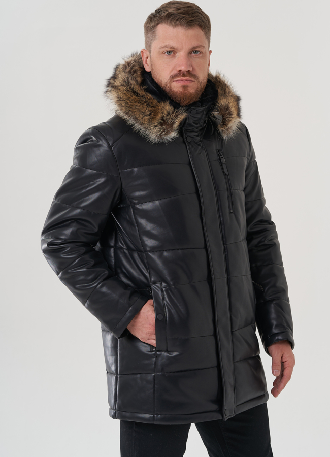 Мужской пуховик из эко кожи с капюшоном  модель № 81845 универмаг малина