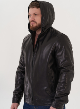 Мужской кожаный бомбер с капюшоном