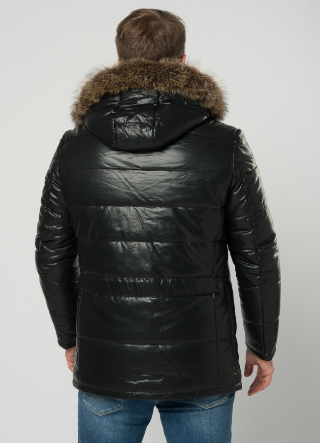 Мужской пуховик из эко кожи с капюшоном и отделкой из енота модель № 21967 в кредит