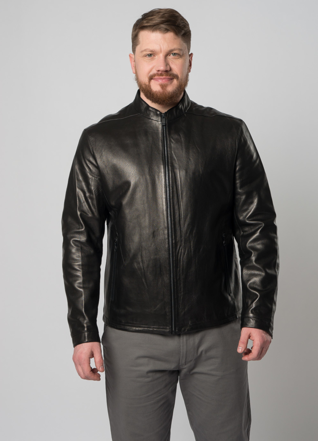 Куртка кожаная черного цвета на молнии модель № W9099 в рассрочку