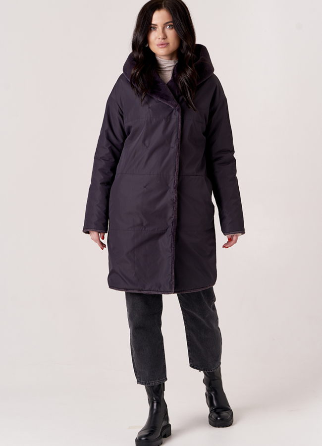 Двусторонняя шуба из эко меха с капюшоном модель № 19352 универмаг малина