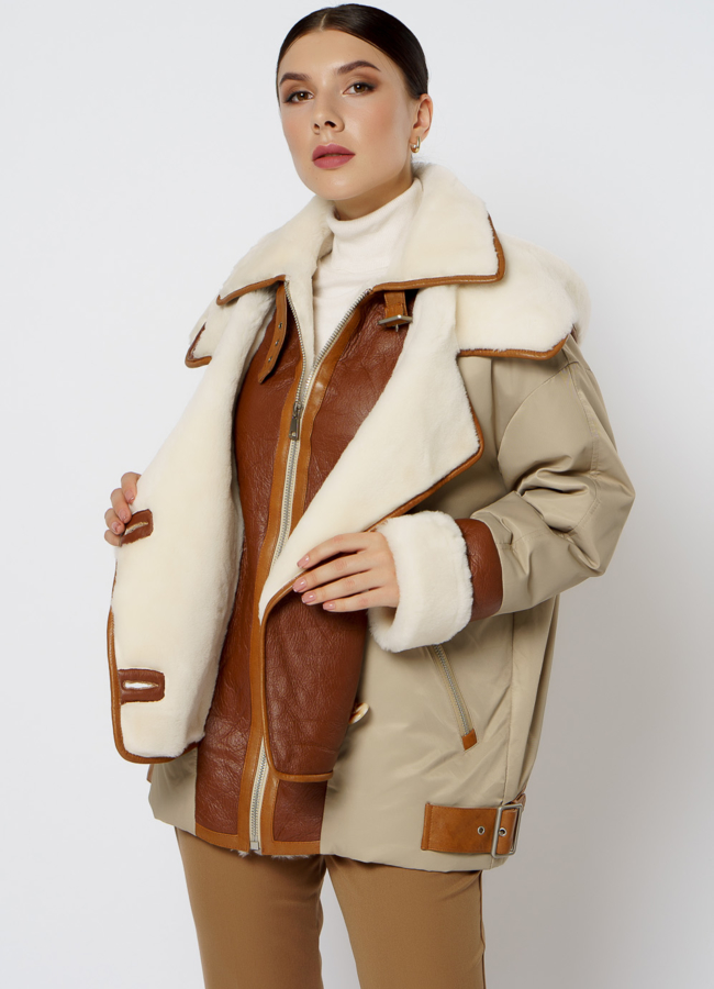 Пуховик комбинированный с кожей модель № 20-111 универмаг малина