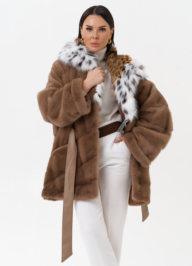 Короткая шуба из норки с рысью модель № 29523 универмаг малина