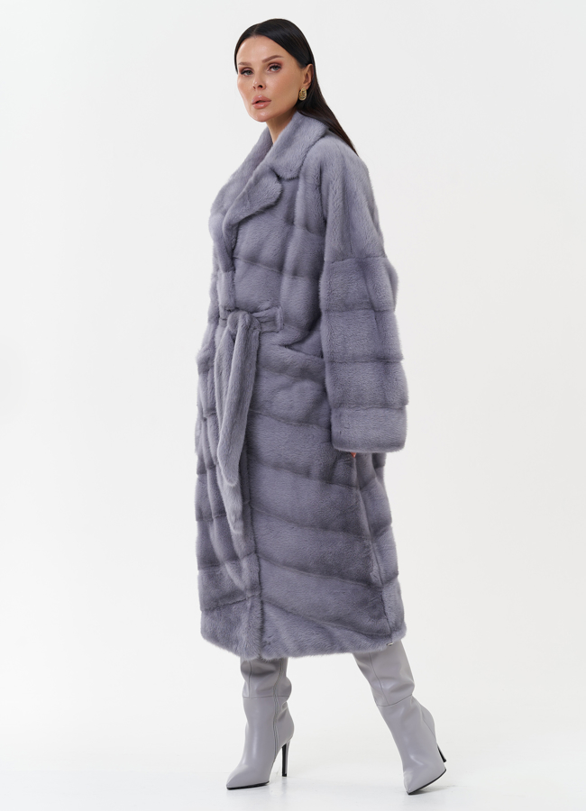 Женская норковая шуба голубого цвета с английским воротником модель № 26016 в рассрочку