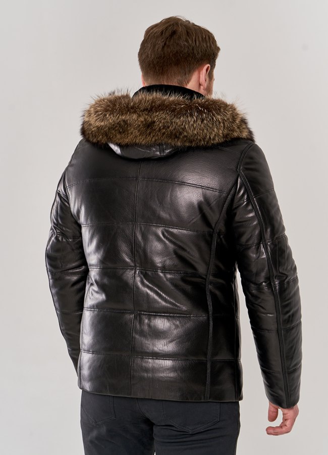 Мужской пуховик из натуральной кожи с мехом модель № П-503 в кредит