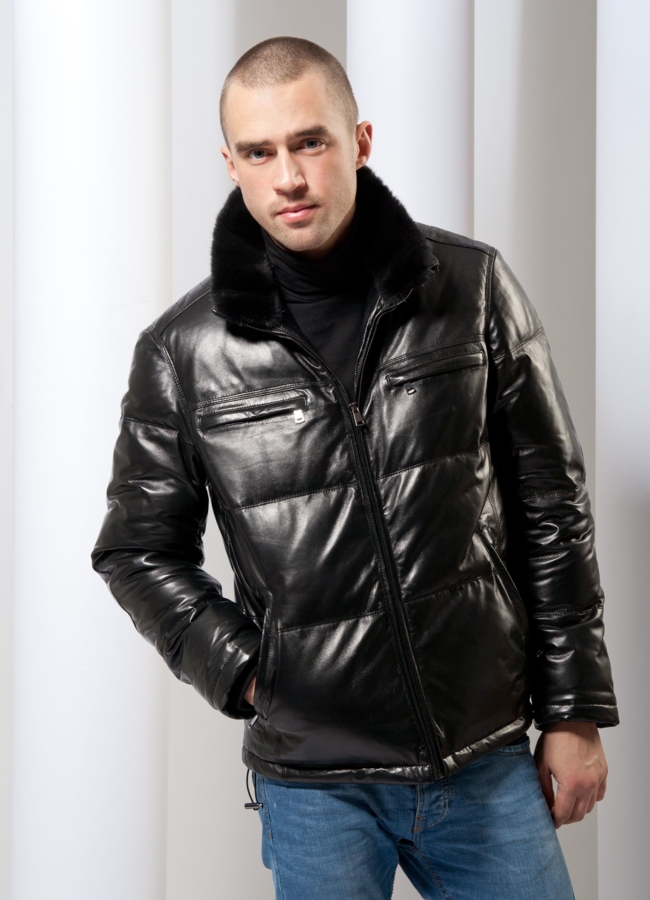 Кожаный пуховик модель № ПМ-8 меха малина