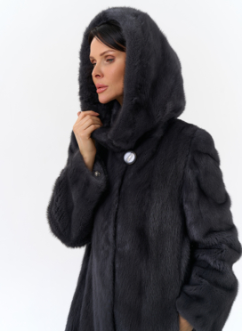 Норковая шуба годе/балетка в роспуск с капюшоном цвета графит