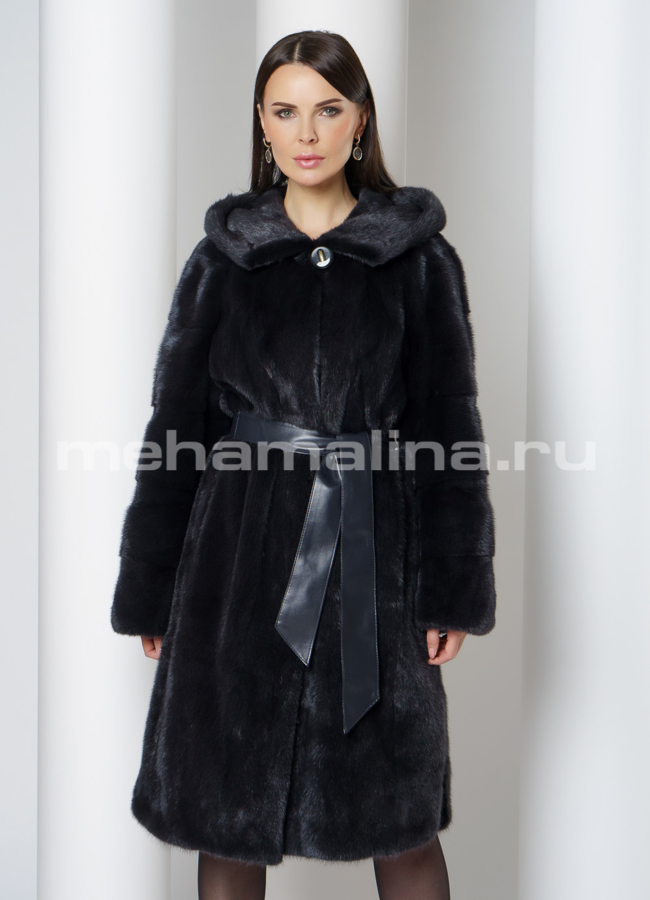 Норковая шуба с капюшоном в цвете уголь модель № S-752 меха малина