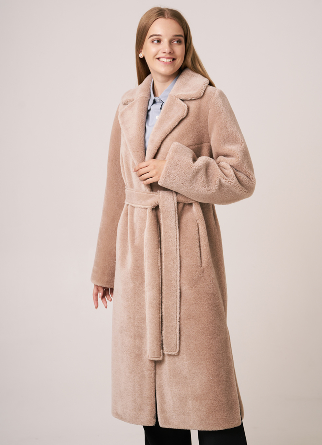 Эко шуба бежевого цвета с поясом модель № 2030 универмаг малина