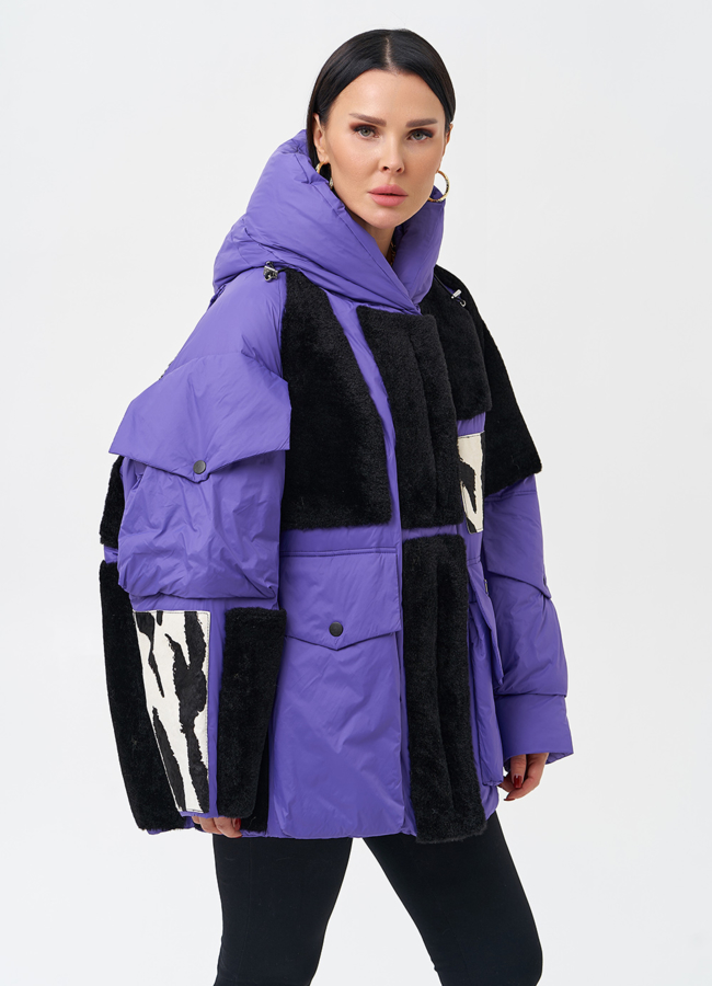 Комбинированный женский пуховик с капюшоном модель № 28374 универмаг малина