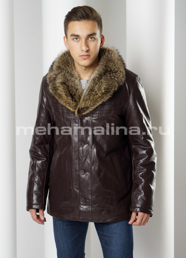 Мужская эко дубленка модель № DM-117 меха малина