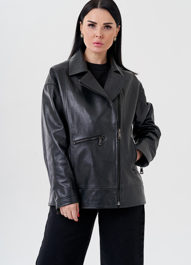 Женская куртка-косуха оверсайз  модель № 24120 меха малина