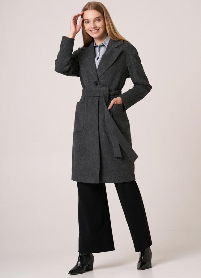 фото Пальто серого цвета с английским воротником модель № 7755