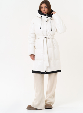Белый пуховик из эко кожи с поясом