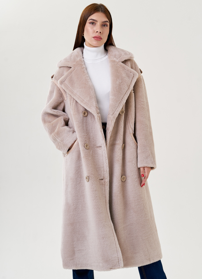 Двуботное женское пальто из эко меха с английским воротником  модель № 79321 меха малина