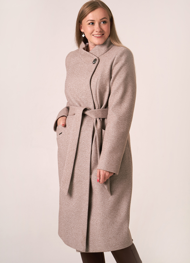 Женское удлиненное пальто со стойкой модель № 10820 меха малина
