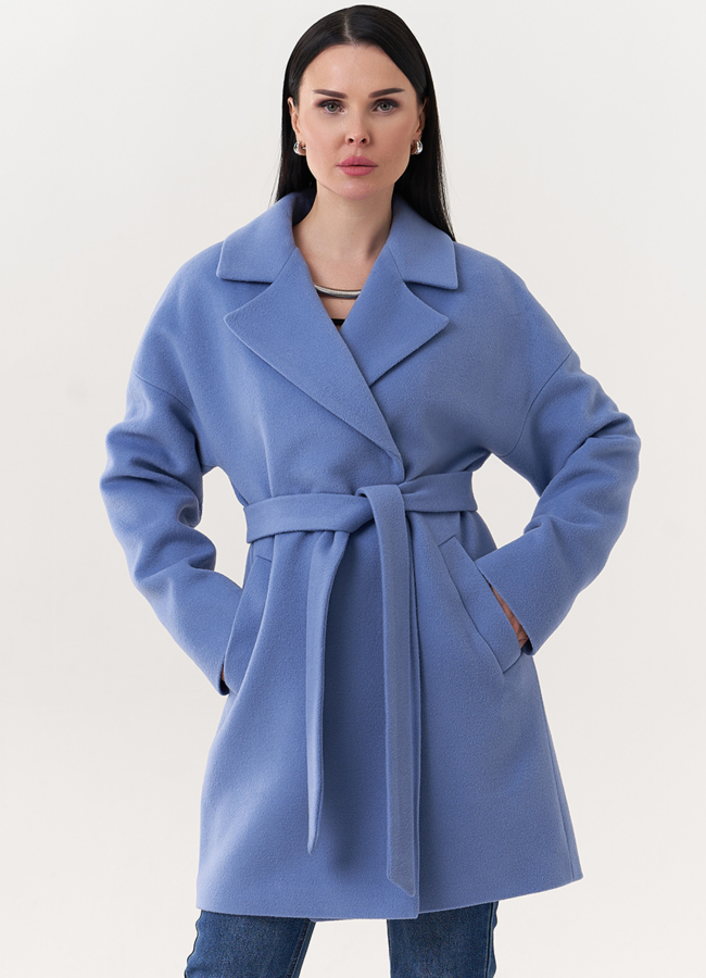 Укороченное пальто с поясом модель № 26881 меха малина