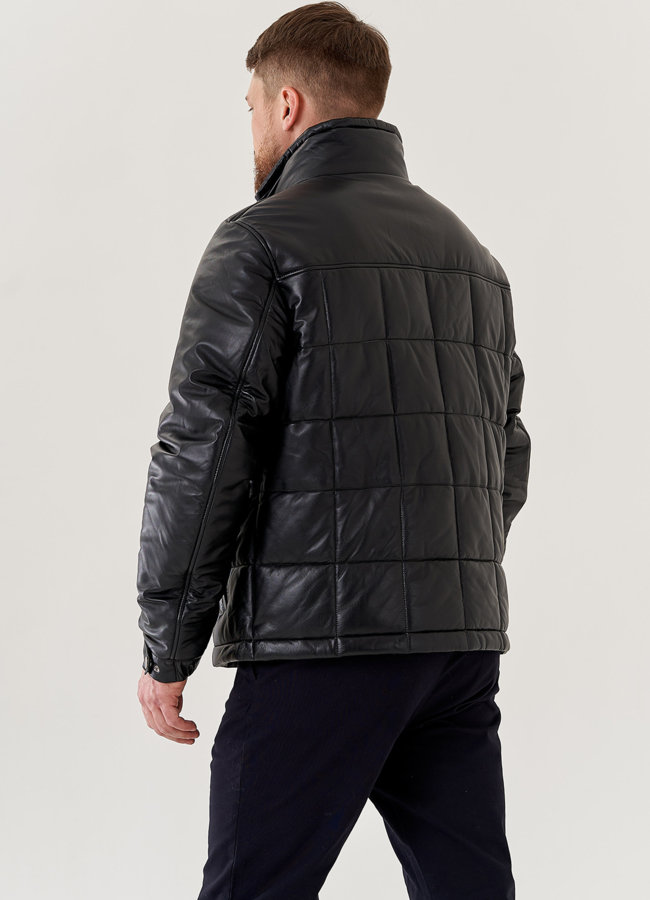 Мужской пуховик из натуральной кожи со стойкой  модель № 78959 в рассрочку