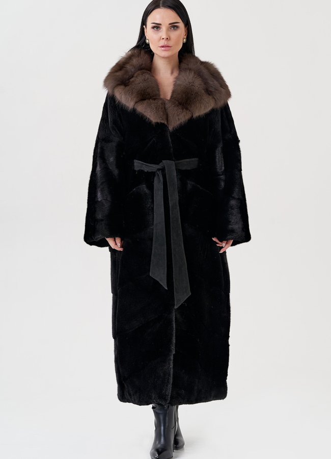 фото Норковая шуба с капюшоном из куницы  модель № 80059