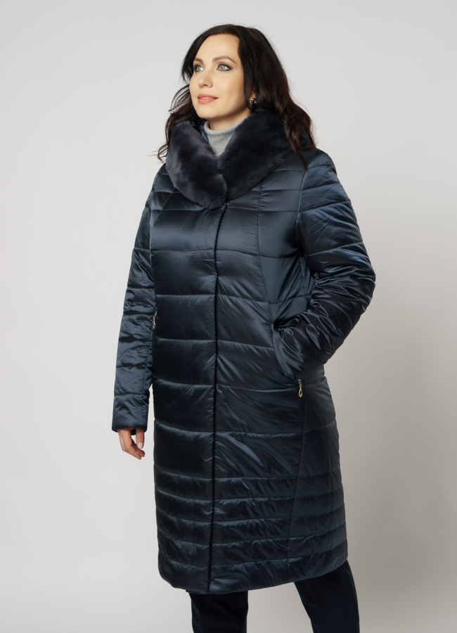 Пуховик на поясе с капюшоном, отделка кролик модель № 1963 меха малина