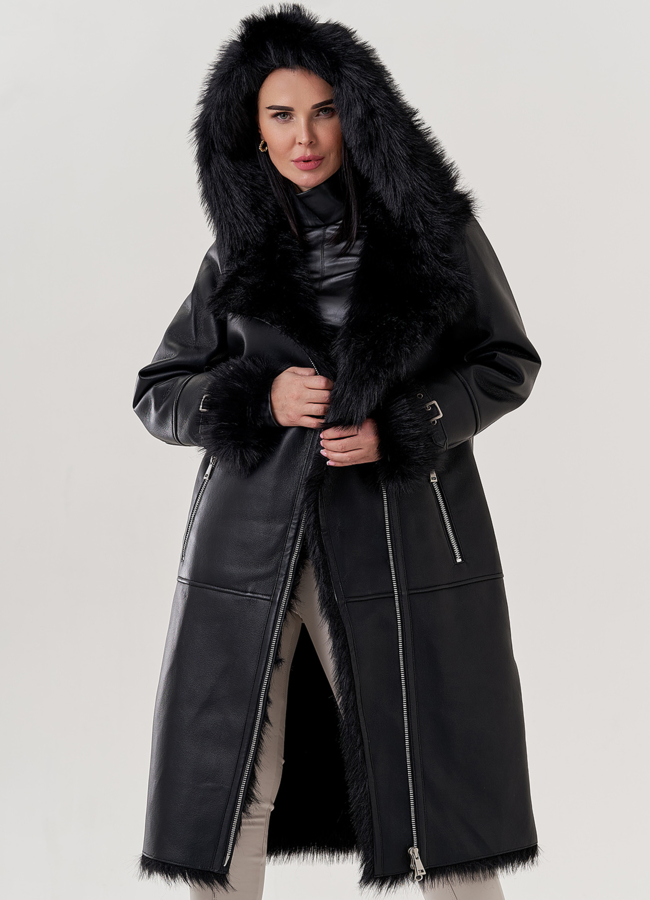 Женская дубленка из эко кожи черного цвета  модель № 79456 универмаг малина