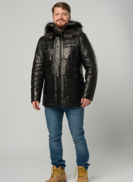 Мужской пуховик из натуральной кожи с капюшоном и отделкой из енота