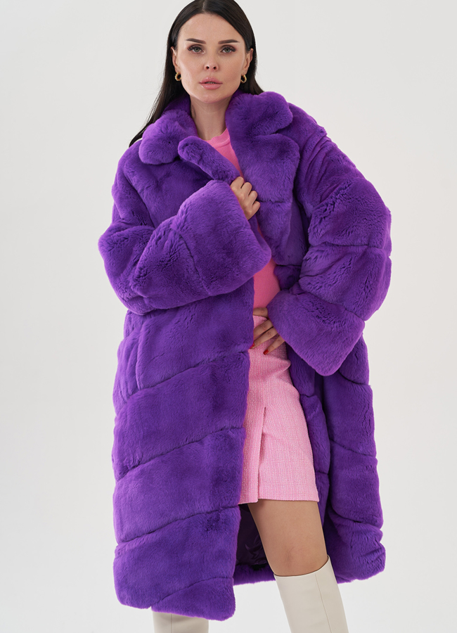 Длинная шуба из кролика фиолетового цвета модель № 81497 меха малина