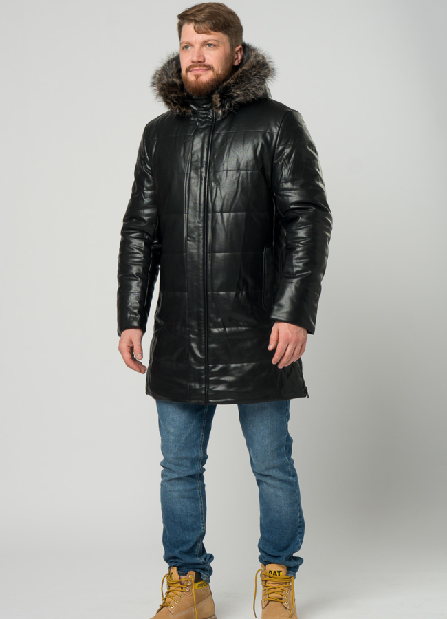 фото Мужской пуховик из эко кожи черного цвета с капюшоном модель № 21968